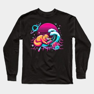 CUTE CAT EATING SUSHI WAVE JAPANESE 80'S VIBE Long Sleeve T-Shirt